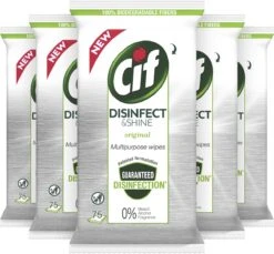 Cif Disinfect & Shine Wipes Doden 99,99% Van De Bacteriën Original Desinfecterende Schoonmaakdoekjes, Van 100% Biologisch Afbreekbaar Textiel 5 X 75 Doekjes -Ajax® Verkoop 1200x1111