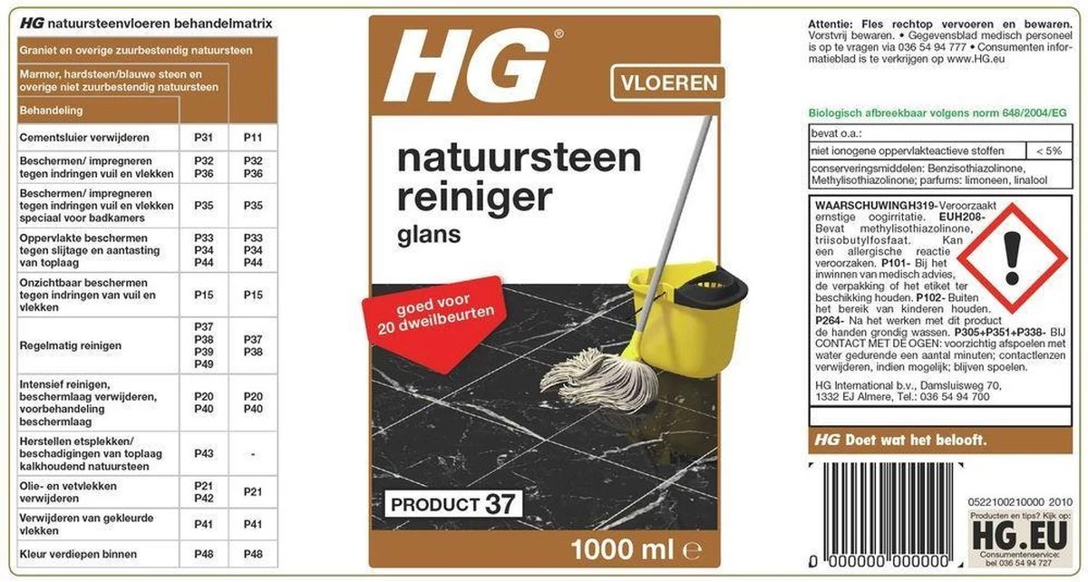 HG Natuursteenreiniger Glans (product 37) - 1L - Voor Regelmatig Gebruik Van Marmer En Kalkhoudend Natuursteen 3 HG Natuursteenreiniger Glans (product 37) - 1L - Voor Regelmatig Gebruik Van Marmer En Kalkhoudend Natuursteen - Afbeelding 3